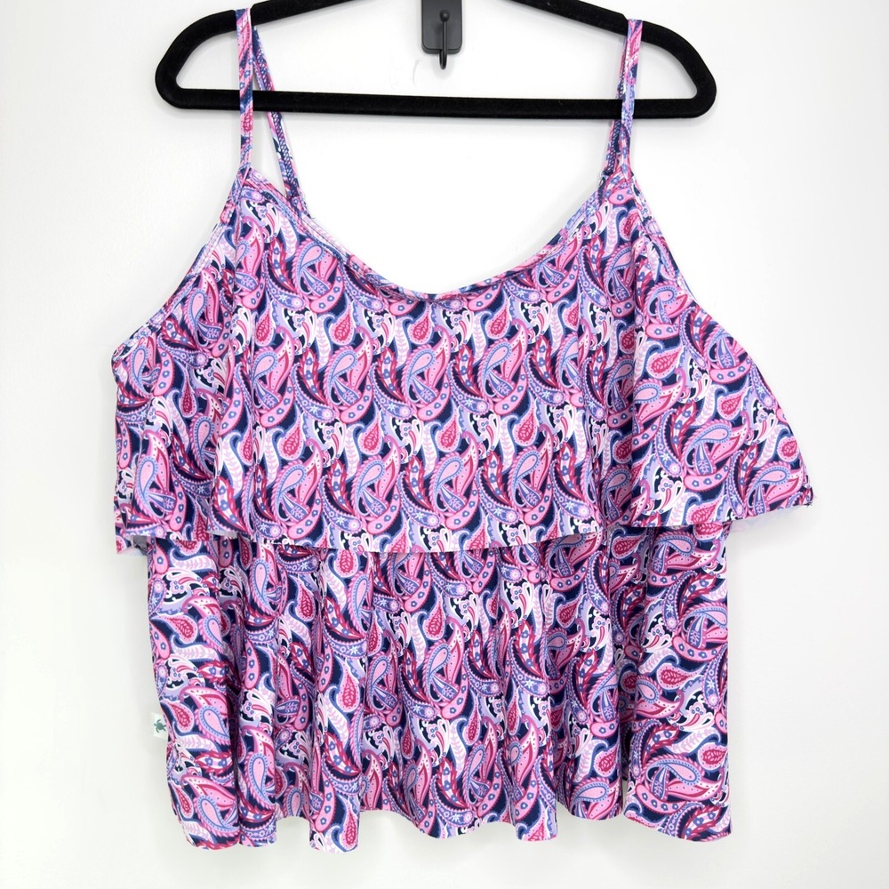 Simply Southern Swim Tiered Tankini Top Pink Paisley Print Women's Size Large‎